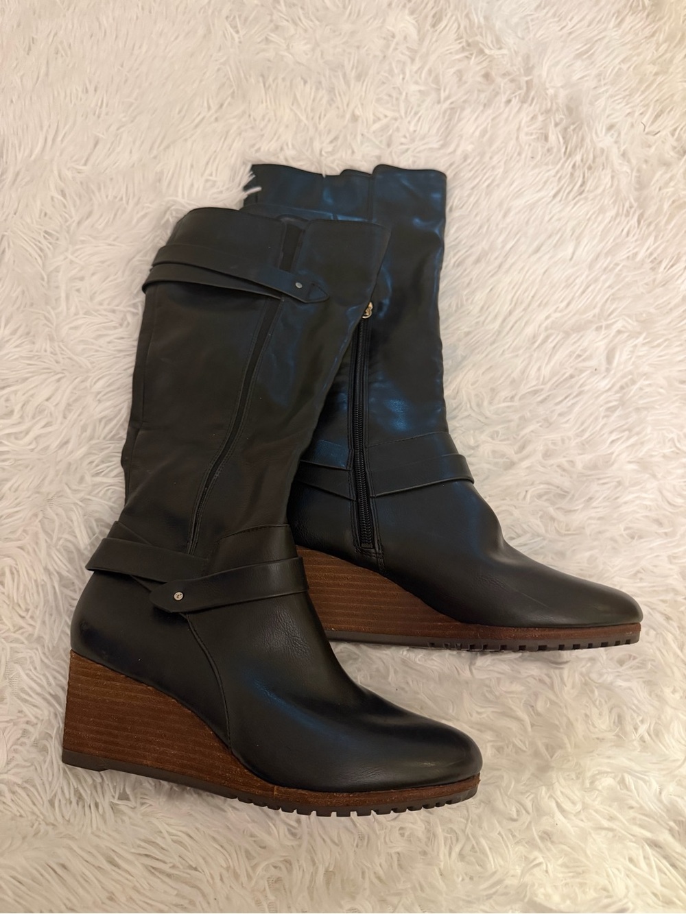 Dr. Scholl's Black Wedge Mid Calf Boots Buckle Zip NWOT Size 7